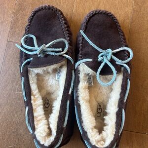 UGG Chocolate Suede Moccasins with Light Blue Trim